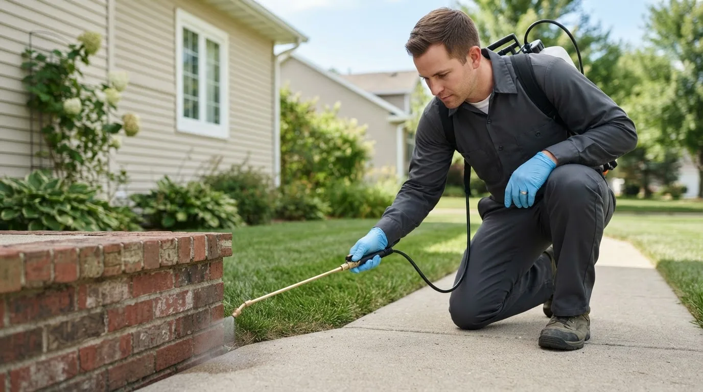 Pest control technician treating a home near New Paris, IN