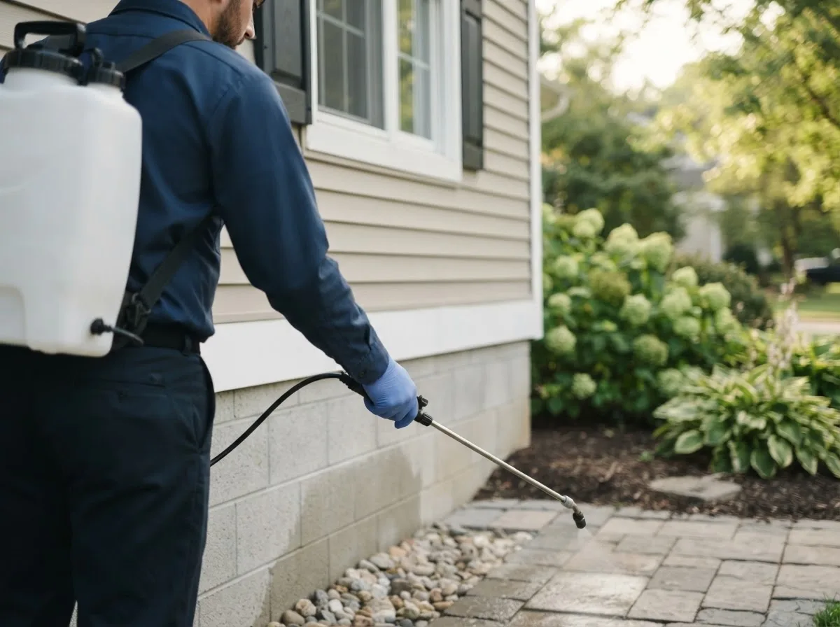 Pest control technician inspecting a home in New Paris, IN